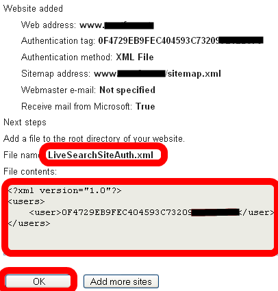 Authenticate your Website at Live Webmaster Center