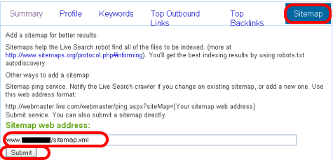 Submit your sitemap at Live Webmaster Center Step 2
