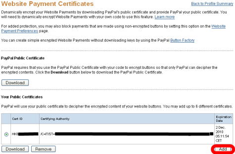 Adding a new public certificate at PayPal