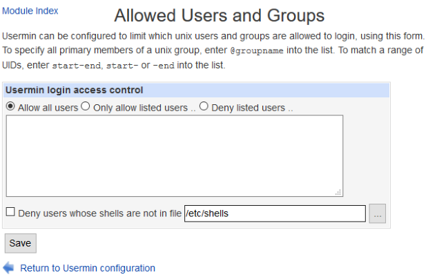 usermin allowed users and groups