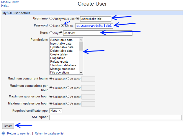 Webmin create new database user