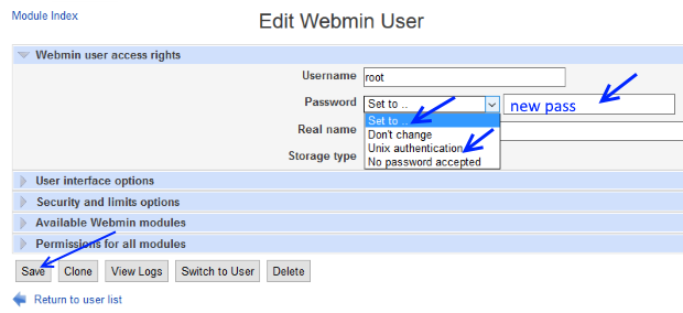 Webmin root new password