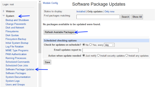 Webmin software package updates