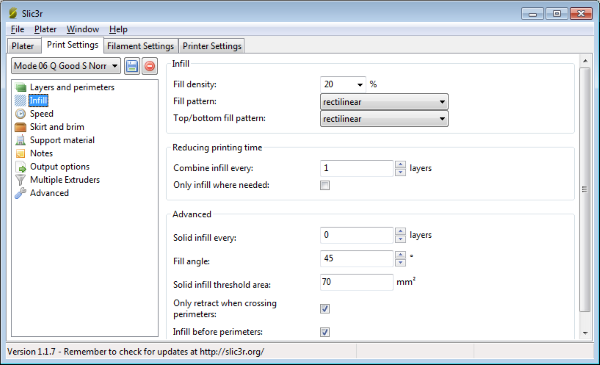 slic3r settings Infill category