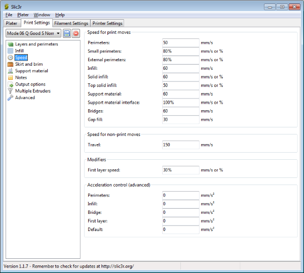 slic3r settings Speed section