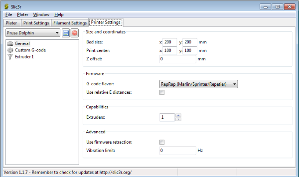 slic3r Printer settings