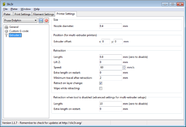 slic3r settings Extruder 1