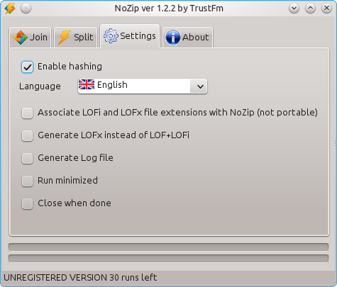 The settings panel of NoZip