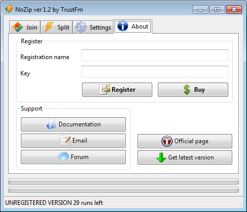 NoZip Info and registration panel