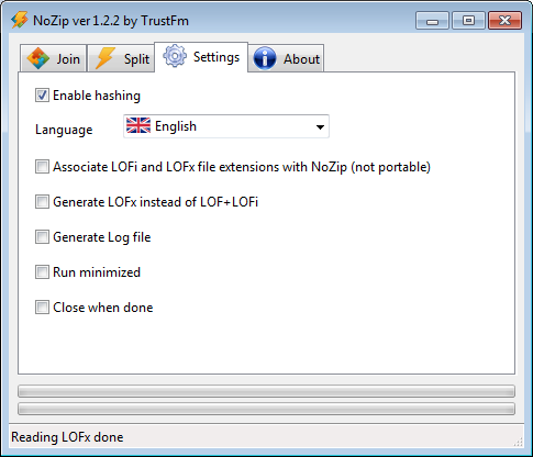 NoZip settings panel