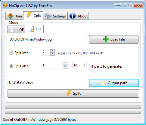 NoZip file split panel