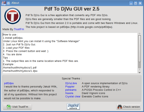 PDF To DjVu GUI About Box under Linux