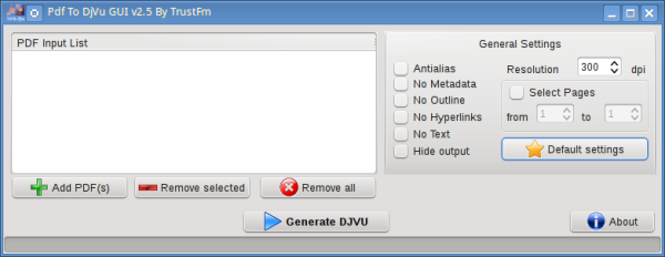 Main application form of PDF To DjVu GUI under Linux