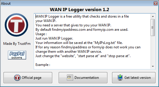 WAN IP Logger about box in Windows 7