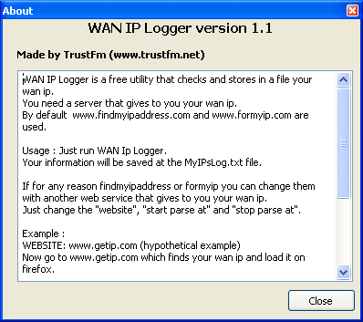 WAN IP Logger about box in Win XP