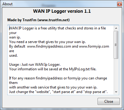 WAN IP Logger about box in Windows 7