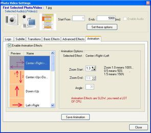 Foto2Avi Options - Animation effects