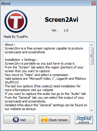 The about box of screen2avi