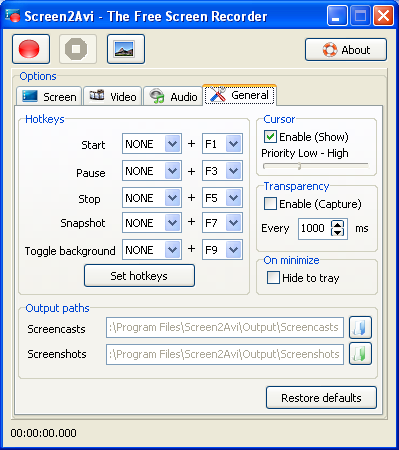 General options menu for Screen2Avi