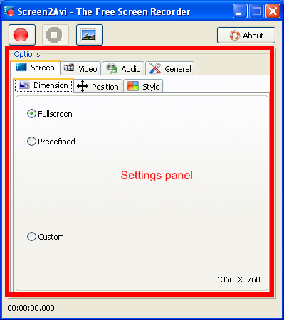 Screen2Avi Settings panel