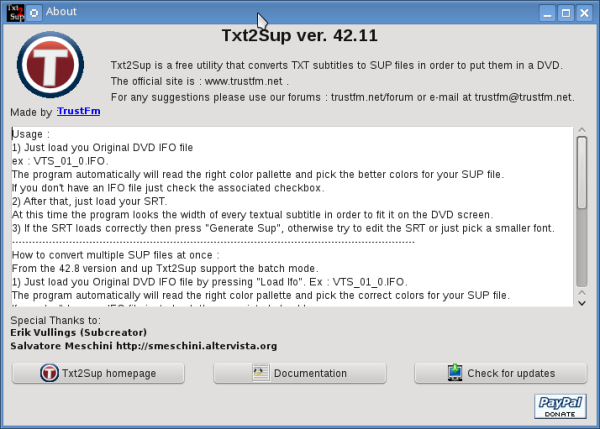 About box Txt2Sup in Linux