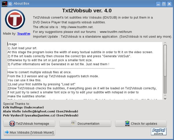 Txt2Vobsub about box under linux