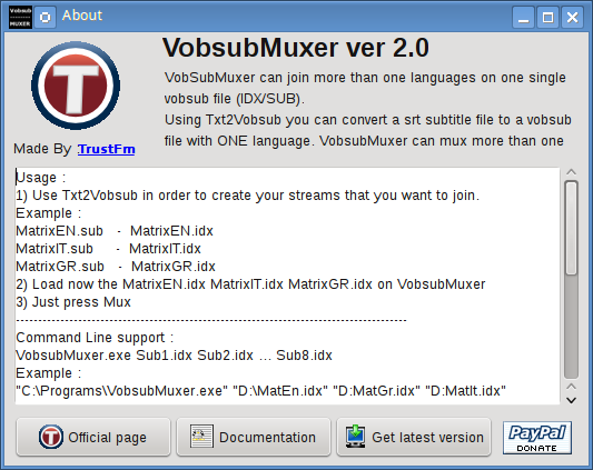 Vobsub muxer about box Linux