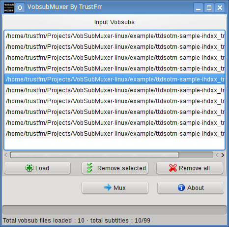 Vobsub muxer linux main screen