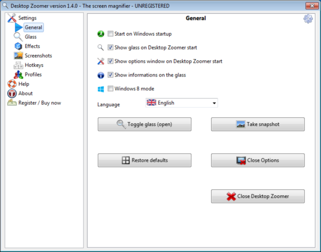 General Settings of the Desktop Zoomer