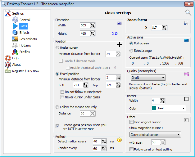 Glass Settings of the Desktop Zoomer