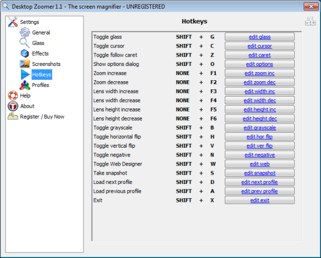 Hotkeys panel of Desktop Zoomer