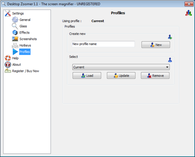 Profiles panel of Desktop Zoomer